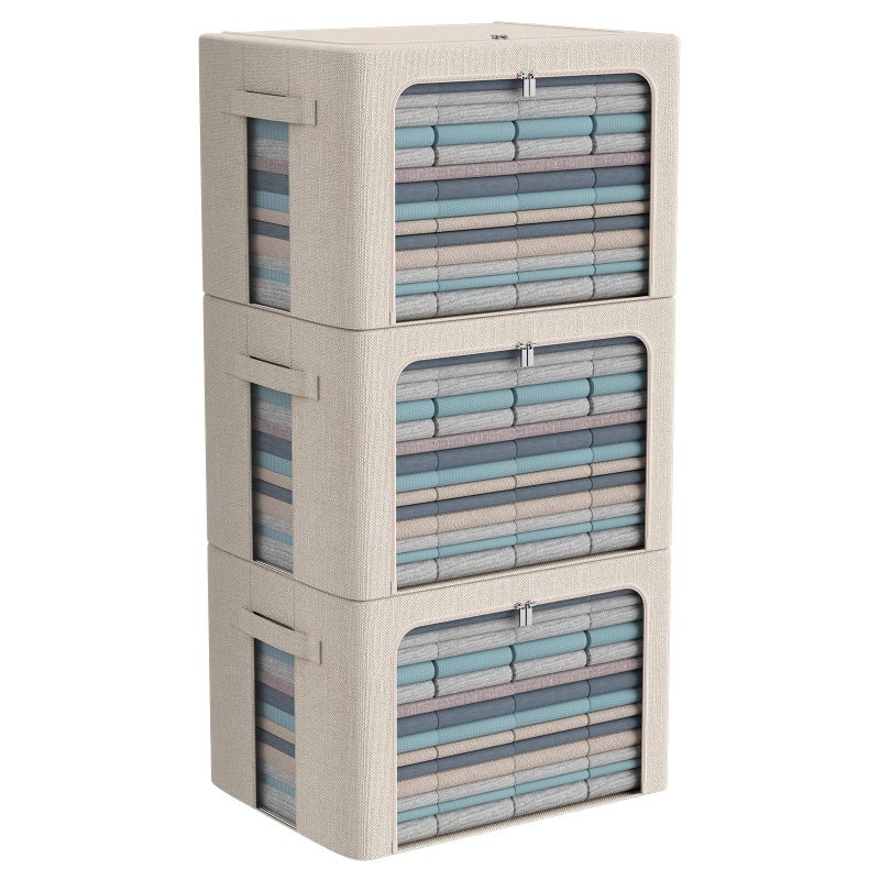 CYhom 3Pack Foldable Storage Bins - Frame Storage Box Linen Fabric Stackable Clothes Container Organizer with Clear Window & Carry Handles Large Capacity (Large-66L, Beige) - Image 1