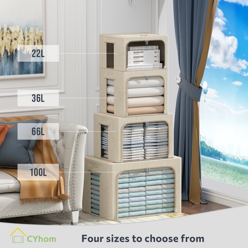 CYhom 3Pack Foldable Storage Bins - Frame Storage Box Linen Fabric Stackable Clothes Container Organizer with Clear Window & Carry Handles Large Capacity (Large-66L, Beige) - Image 3