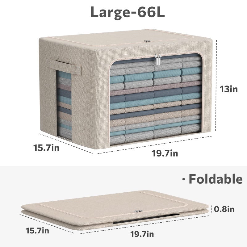 CYhom 3Pack Foldable Storage Bins - Frame Storage Box Linen Fabric Stackable Clothes Container Organizer with Clear Window & Carry Handles Large Capacity (Large-66L, Beige) - Image 4