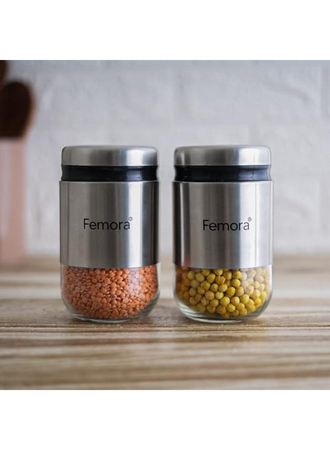 Femora Femora Borosilicate Glass Cylindrical Shape see through Bottoms with Stainless Steel Body Glass Jar | 1 Year Warranty | Airtght | Jars for Snacks, Fry Food, Masala, Spice, Cookies |550 ML | Set Of 2 - Image 2