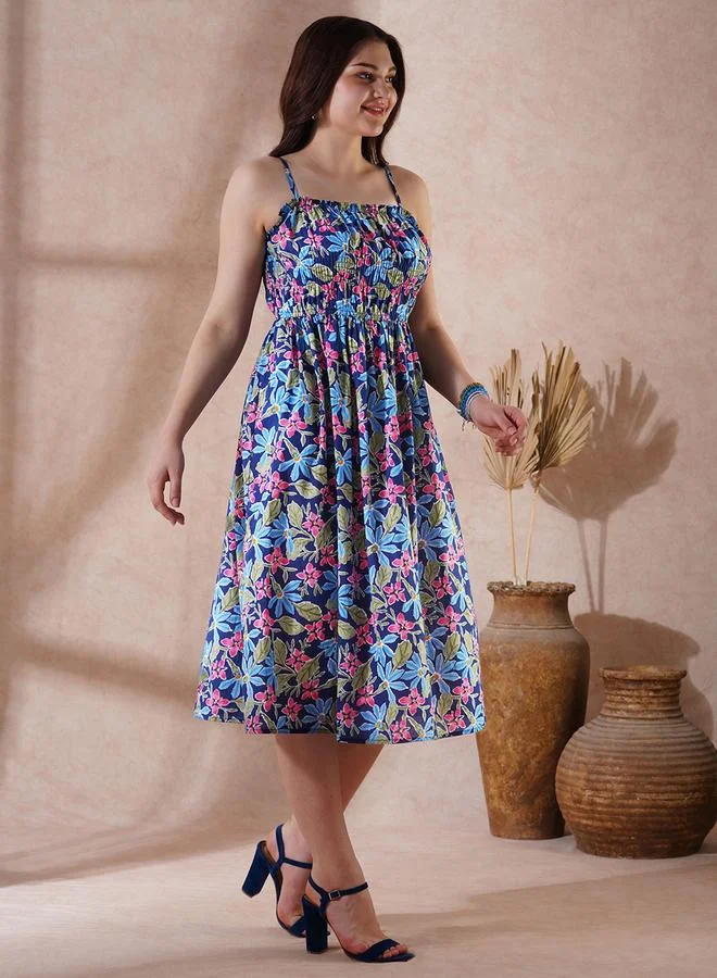 جلو باص فستان فيوجن ميدي بحمالات وتفاصيل مزمومة