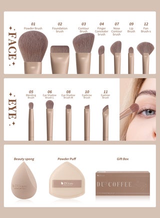12-Piece Coffee Series Makeup Brush Set - Professional Foundation, Powder & Eyeshadow Brushes with Sponge & Puff - view 3