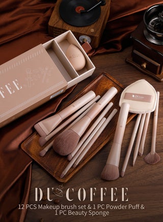 12-Piece Coffee Series Makeup Brush Set - Professional Foundation, Powder & Eyeshadow Brushes with Sponge & Puff - view 2