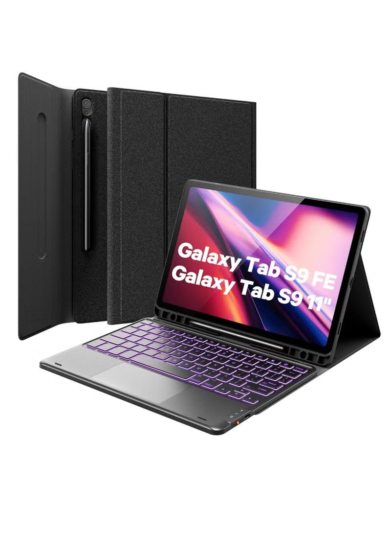 Keyboard Case for Samsung Galaxy Tab S9 FE 5g Case withArabic/English two-language keyboard, Galaxy Tab S9 Keyboard Case, 7 Color Backlit Touchpad Keyboard with Pencil Holder, Magnetic Detachable, for Galaxy Tab S9 FE 10.9/S9 11,