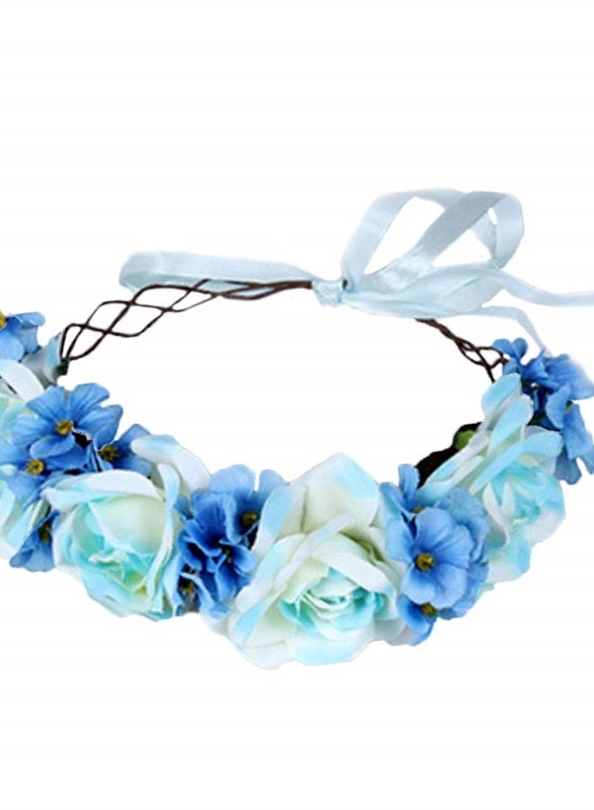 LLinfflr Floral Garland Crown Boho Flower Headband Hair Wreath Floral Halo Headpiece with Ribbon Wedding Party Blue - Image 1
