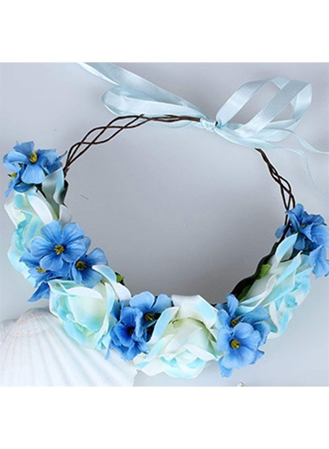 LLinfflr Floral Garland Crown Boho Flower Headband Hair Wreath Floral Halo Headpiece with Ribbon Wedding Party Blue - Image 2