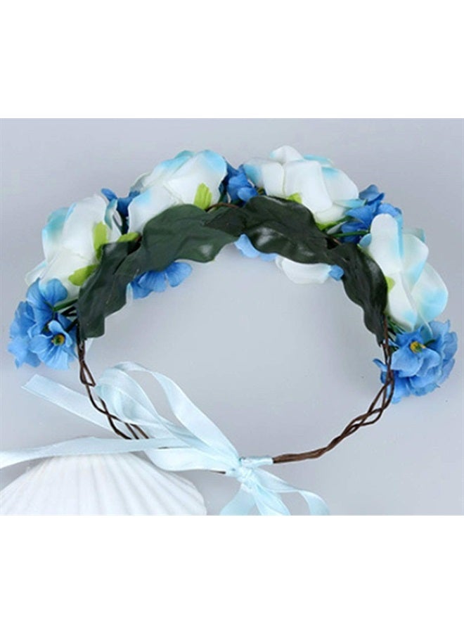 LLinfflr Floral Garland Crown Boho Flower Headband Hair Wreath Floral Halo Headpiece with Ribbon Wedding Party Blue - Image 3
