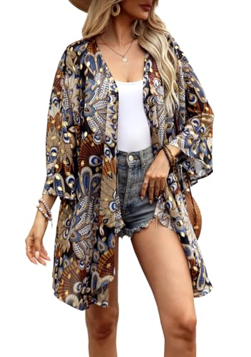 olrain Women's Floral Print Sheer Chiffon 3/4 Bat Sleeve Casual Loose Kimono Cardigan Capes (X-Large, Blue Peacock) - Image 1