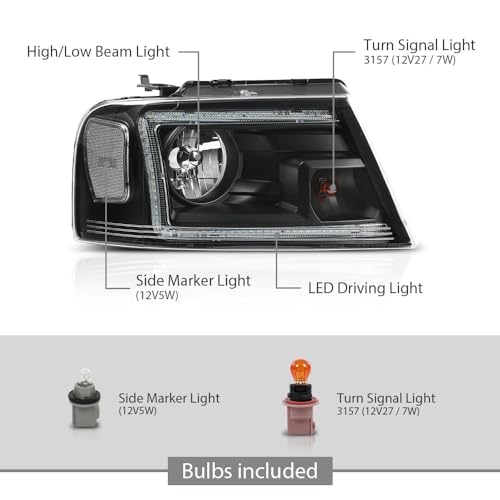GPLUS G-PLUS Headlights Compatible with Ford F150 2004-2008,Fit Lincoln Mark LT 2006-2008 Clear Lens Black Housing Clear Reflector Bumper Headlamp - Image 3