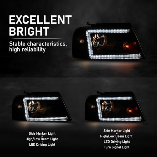 GPLUS G-PLUS Headlights Compatible with Ford F150 2004-2008,Fit Lincoln Mark LT 2006-2008 Clear Lens Black Housing Clear Reflector Bumper Headlamp - Image 4