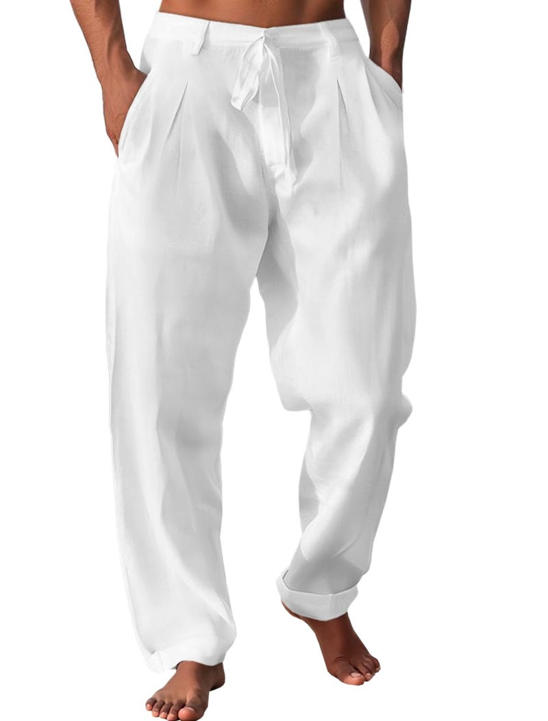 Runcati Mens Casual Pants Elastic Waist Drawstring Lightweight Pants Cotton Linen Summer Beach Yoga Trousers White - Image 1