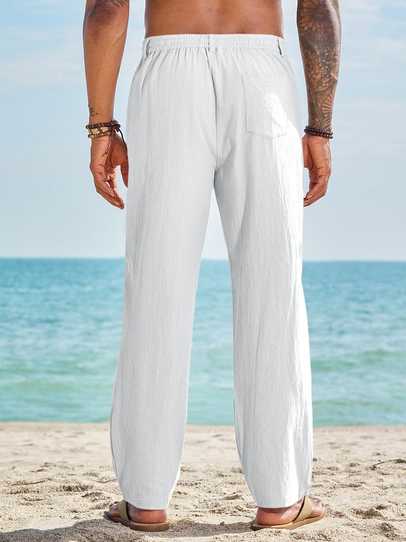Runcati Mens Casual Pants Elastic Waist Drawstring Lightweight Pants Cotton Linen Summer Beach Yoga Trousers White - Image 3