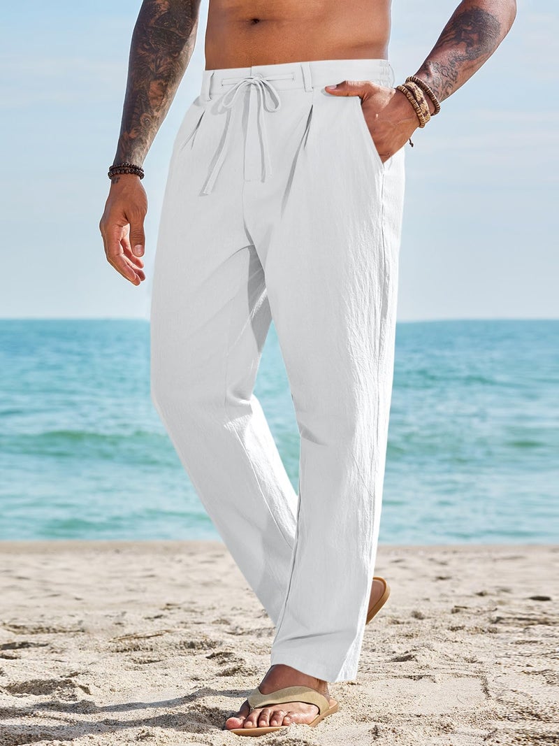 Runcati Mens Casual Pants Elastic Waist Drawstring Lightweight Pants Cotton Linen Summer Beach Yoga Trousers White - Image 4