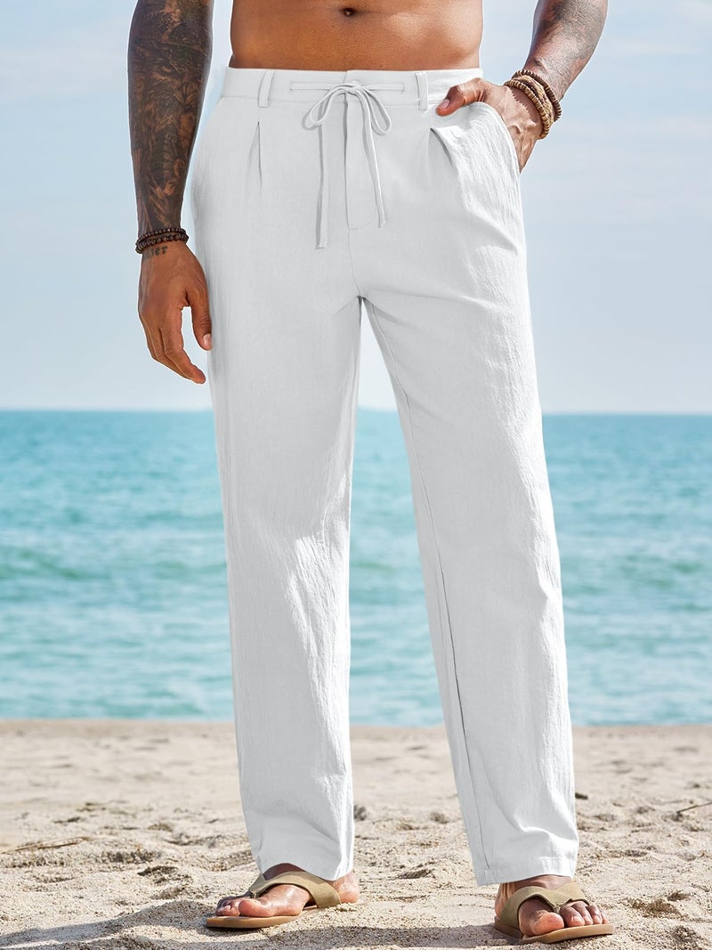 Runcati Mens Casual Pants Elastic Waist Drawstring Lightweight Pants Cotton Linen Summer Beach Yoga Trousers White - Image 2