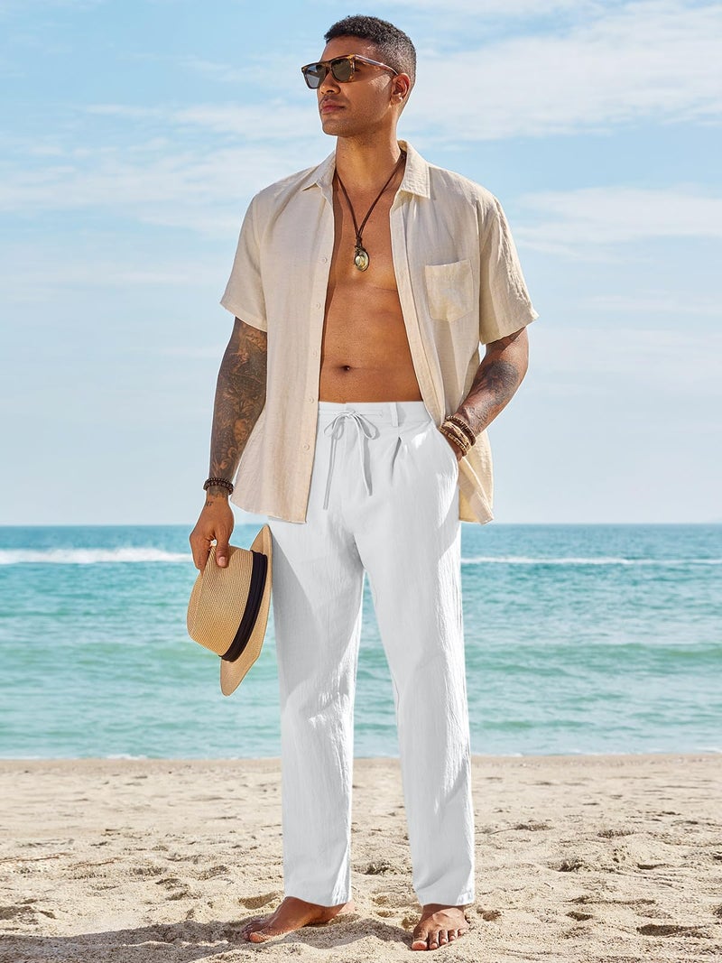 Runcati Mens Casual Pants Elastic Waist Drawstring Lightweight Pants Cotton Linen Summer Beach Yoga Trousers White - Image 5