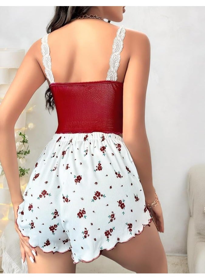 فيفب طقم بيجاما نسائي، شورت، طقم بيجاما صيفي، بيجاما لطيفة، مزينة بدانتيل زهري، ملابس نوم مريحة - Image 2