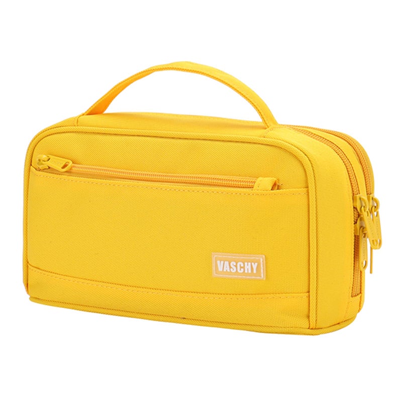 VASCHY Pencil Case Large Cute Pencil Pen Pouch Organizer w Zippers Top Handle School Supplies for KidsTeensStudentsAdults Yellow - Image 2