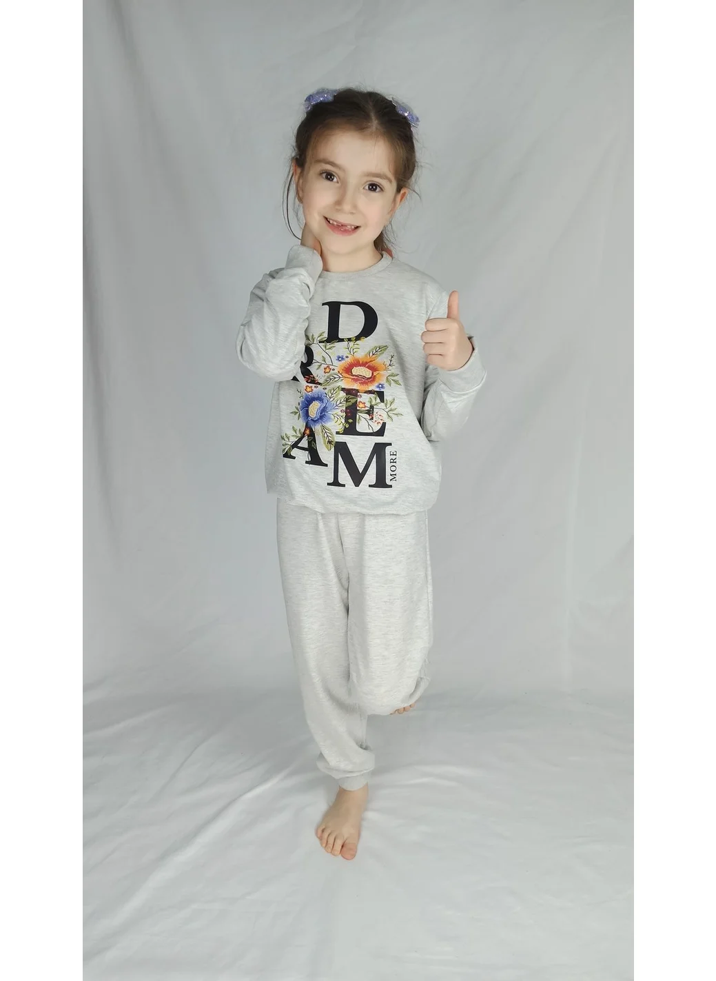 بلونس Girl Waiter Gray Printed Cotton Tracksuit Set