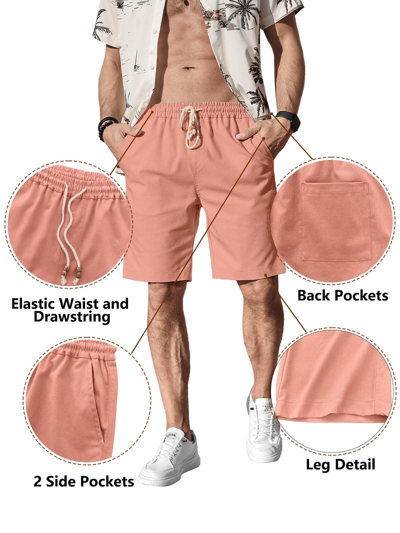 Comdecevis Men's Casual Linen Shorts Elastic Waist Drawstring Summer Beach Shorts, Flamingo, X-Large - Image 4
