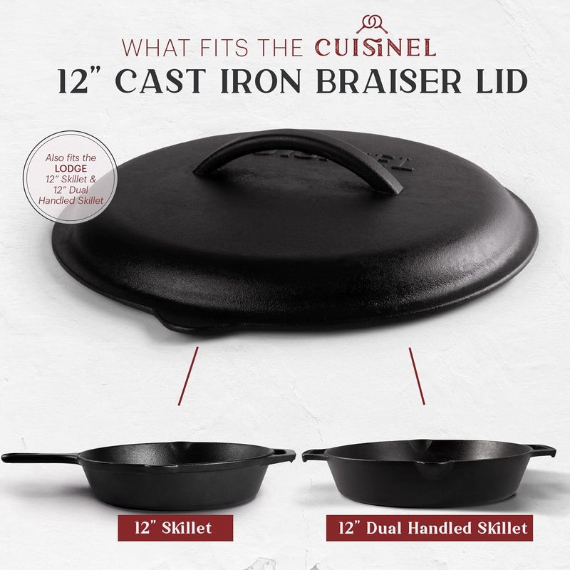 Cuisinel Cast Iron Lid - Fits 12"-Inch / 30.48-cm Lodge Skillet Frying Pans or Braiser + Silicone Handle Holder + Care Guide - Pre-Seasoned Replacement Cover - Indoor/Outdoor, Oven, Fire, BBQ Safe - Image 5