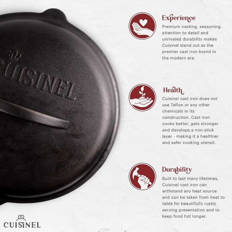 Cuisinel Cast Iron Lid - Fits 12"-Inch / 30.48-cm Lodge Skillet Frying Pans or Braiser + Silicone Handle Holder + Care Guide - Pre-Seasoned Replacement Cover - Indoor/Outdoor, Oven, Fire, BBQ Safe - Image 3