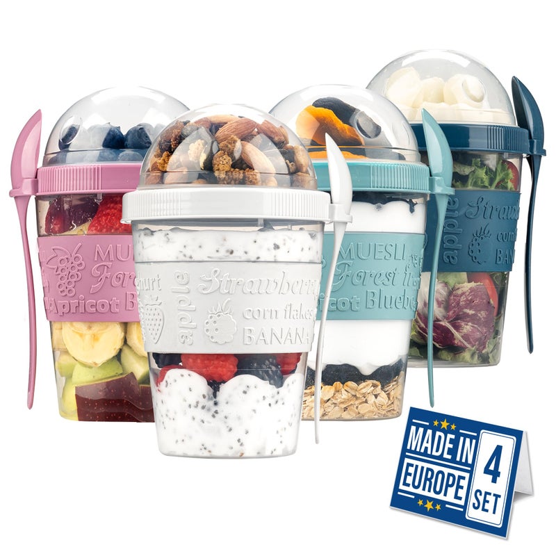 Crystalia 4 Pack 20 oz On The Go Yogurt Parfait Cups with Lids & Spoons, Reusable Yogurt Containers, Take and Go Cup with Topping Cereal or Oatmeal Container, New Colorful Set - Image 1