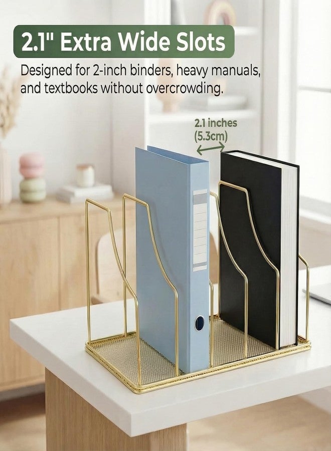 Simmer Stone Gold Binder Organizer for Desk, 5 Slot Metal Wire Vertical File Sorter with Mesh Bottom, Large Desktop Magazine Holder Rack for 2 Inch Binders, Medical Coding Books, Vinyl Records, 12.1" - Image 4