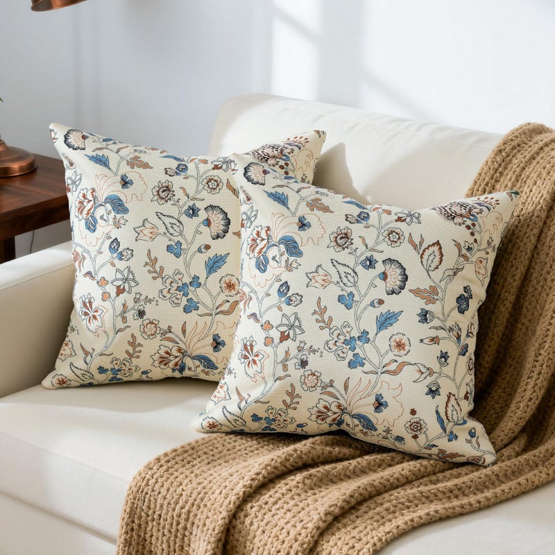 RinRinfam Chinoiserie Flower Pillow Cover 18x 18 Set of 2, Blooming Flower Decorative Linen Pillow Cushion Case,Modern Home Decor for Outdoor Couch Bedroom Car Blue - Image 1
