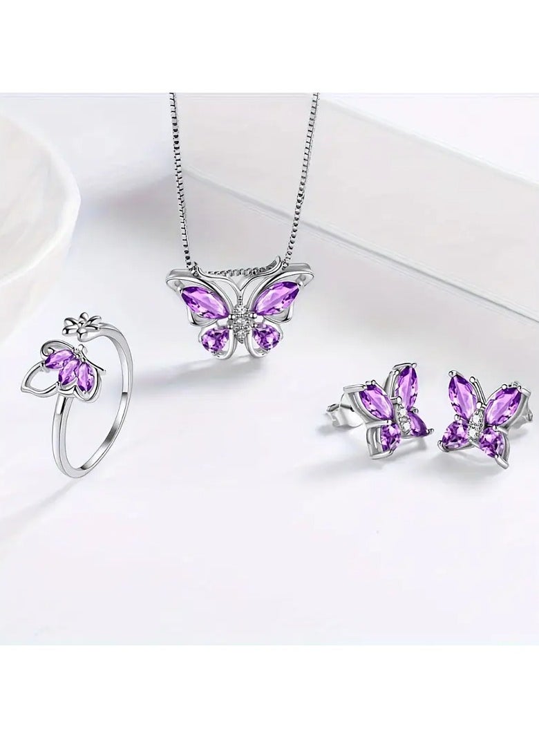 Home Clearance Sale - A set of four fashionable butterfly necklace, earrings and rings that are very suitable for daily wear by women. A fashionable jewelry set for gifting - Image 1