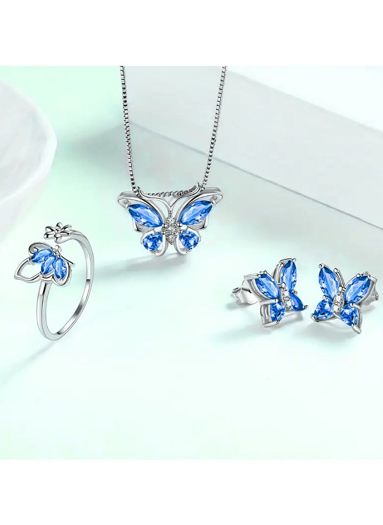 Home Clearance Sale - A set of four fashionable butterfly necklace, earrings and rings that are very suitable for daily wear by women. A fashionable jewelry set for gifting - Image 1