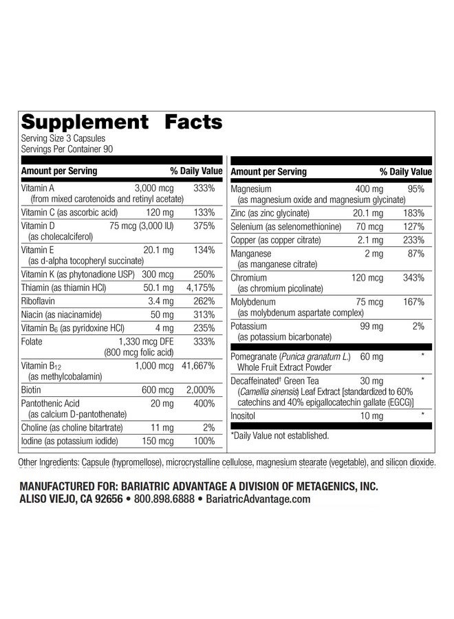 Bariatric Advantage Ultra Multi Without Iron - High Potency Multivitamin - for Surgery Patients with Calcium, Vitamin C & More - 270 Capsules - Image 2