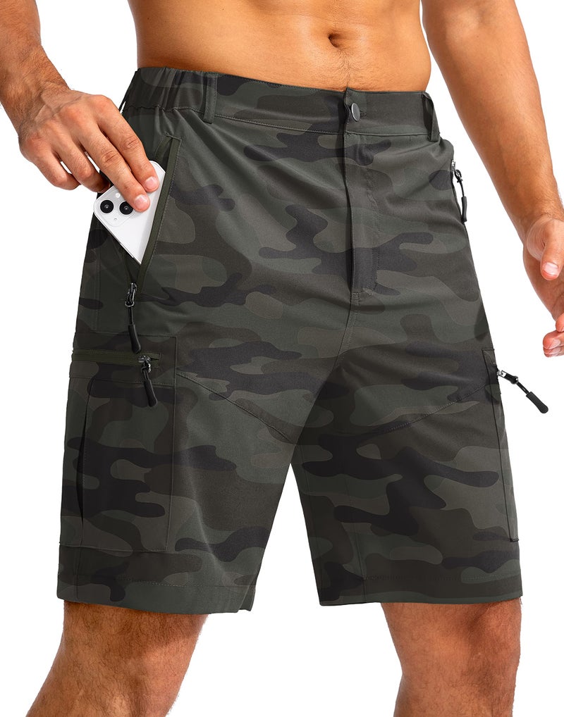 Pudolla Men's Hiking Cargo Shorts 9" Lightweight Outdoor Work Shorts for Men Travel Golf Camping Casual with 5 Zipper Pockets(Green Camo Medium) - Image 1