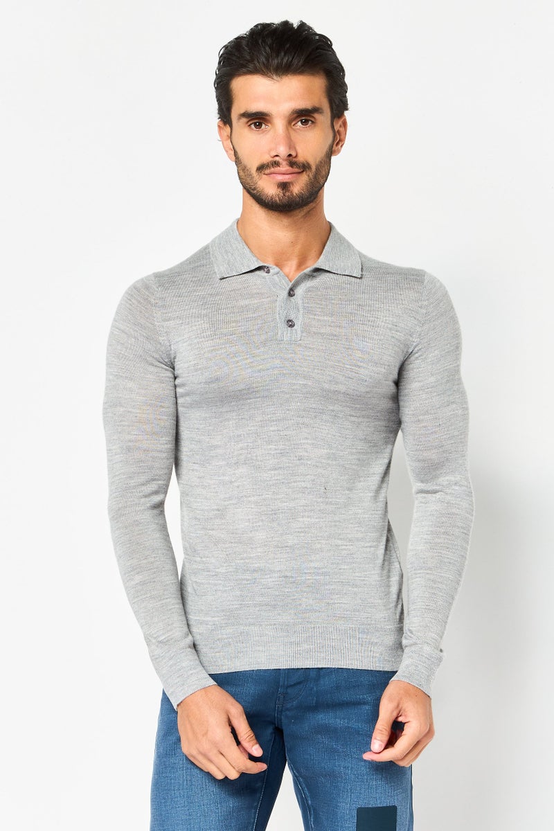 Celio قميص بولو بأكمام طويلة للرجال بتصميم عادي، رمادي - Image 1