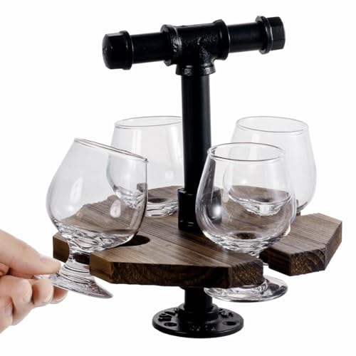 MyGift Beer Flight Set with Handle Set of 2, Whiskey Flight Board with 4 Snifter Glasses, Solid Burnt Wood and Industrial Pipe Tasting Tray for Home Bar - Image 4