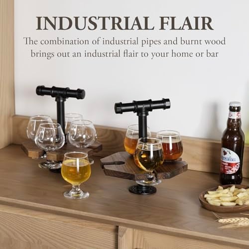 MyGift Beer Flight Set with Handle Set of 2, Whiskey Flight Board with 4 Snifter Glasses, Solid Burnt Wood and Industrial Pipe Tasting Tray for Home Bar - Image 2