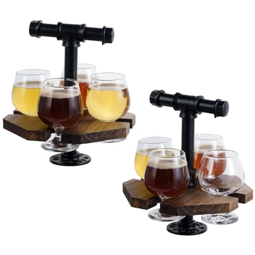 MyGift Beer Flight Set with Handle Set of 2, Whiskey Flight Board with 4 Snifter Glasses, Solid Burnt Wood and Industrial Pipe Tasting Tray for Home Bar - Image 1