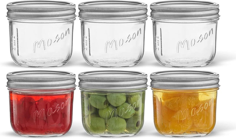 JoyJolt 8 Oz Mason Jars With Lids, Labels and Measures! 6-Pack Wide Mouth Mason Jars, Glass Jar with Lid and Band. Airtight Canning Jars, Overnight Oats Jars, Salad Jars, Sourdough Starter Jar - Image 1