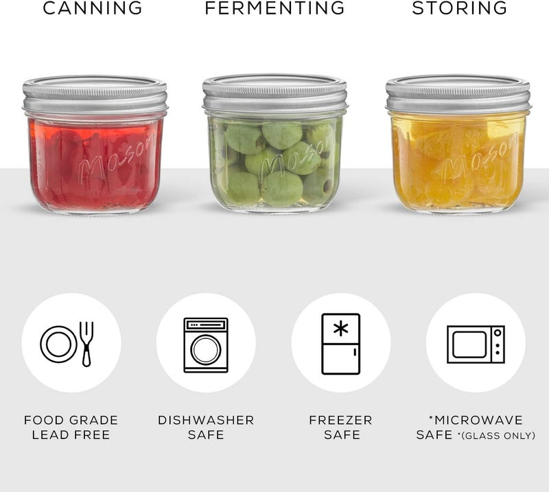 JoyJolt 8 Oz Mason Jars With Lids, Labels and Measures! 6-Pack Wide Mouth Mason Jars, Glass Jar with Lid and Band. Airtight Canning Jars, Overnight Oats Jars, Salad Jars, Sourdough Starter Jar - Image 3