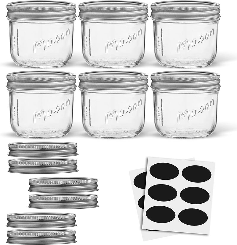 JoyJolt 8 Oz Mason Jars With Lids, Labels and Measures! 6-Pack Wide Mouth Mason Jars, Glass Jar with Lid and Band. Airtight Canning Jars, Overnight Oats Jars, Salad Jars, Sourdough Starter Jar - Image 2