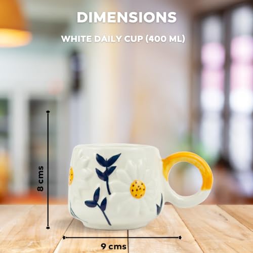 Green Route Embossed Daisy Sunflower Tea Cup Elegant Floral Design, Ceramic, Microwave & Dishwasher Safe, Perfect for Tea and Coffee Lovers, Gift-Ready Set of 2 (375) ML White and Yellow. - Image 3