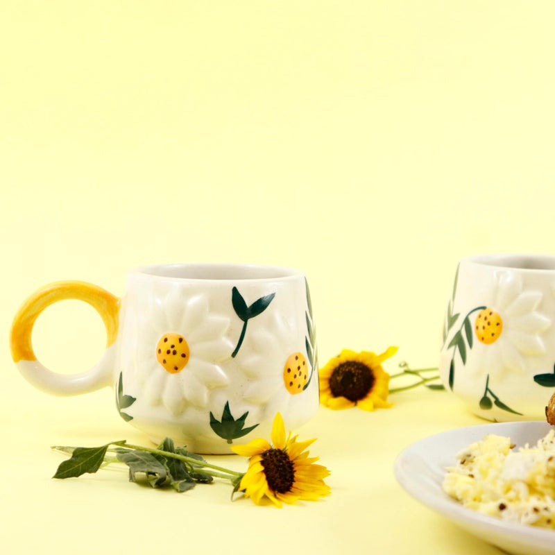 Green Route Embossed Daisy Sunflower Tea Cup Elegant Floral Design, Ceramic, Microwave & Dishwasher Safe, Perfect for Tea and Coffee Lovers, Gift-Ready Set of 2 (375) ML White and Yellow. - Image 4