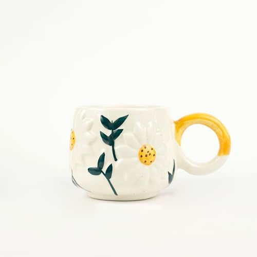 Green Route Embossed Daisy Sunflower Tea Cup Elegant Floral Design, Ceramic, Microwave & Dishwasher Safe, Perfect for Tea and Coffee Lovers, Gift-Ready Set of 2 (375) ML White and Yellow. - Image 5