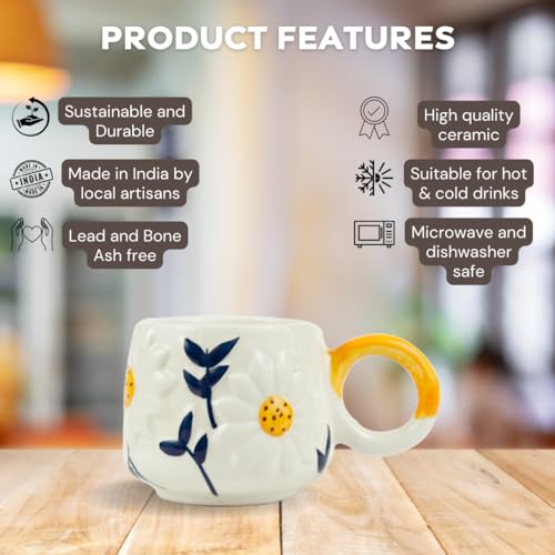 Green Route Embossed Daisy Sunflower Tea Cup Elegant Floral Design, Ceramic, Microwave & Dishwasher Safe, Perfect for Tea and Coffee Lovers, Gift-Ready Set of 2 (375) ML White and Yellow. - Image 2