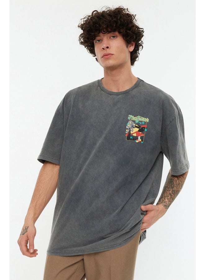 trendyol Anthracite Men's Relaxed/Comfortable Fit Aged/Faded Effect Mystical Printed  Short Sleeve T-Shirt - Image 1