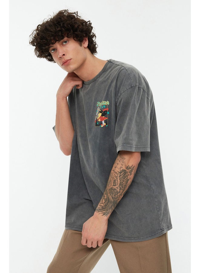 trendyol Anthracite Men's Relaxed/Comfortable Fit Aged/Faded Effect Mystical Printed  Short Sleeve T-Shirt - Image 2