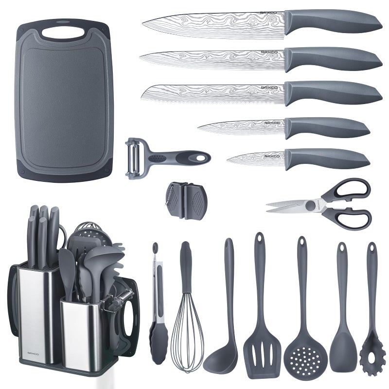 RAXCO Kitchen Set,7-Piece Cooking Utensils,5-Piece Kitchen Gadgets,6-Piece Knife set,Gray - Image 1