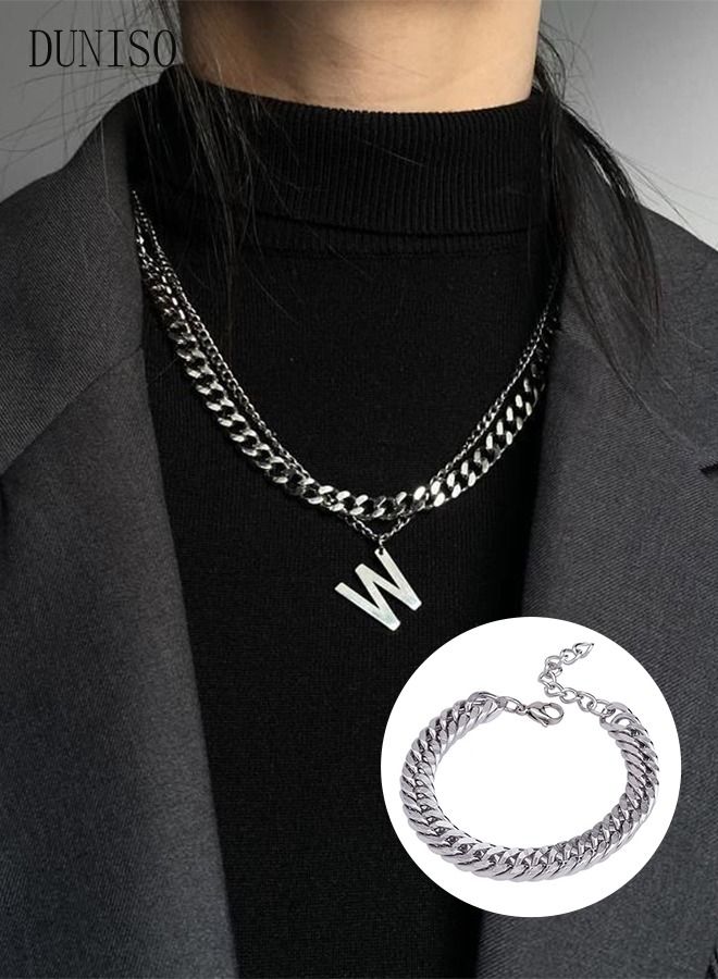 DUNISO Unisex Stainless Letter Necklace and Bracelet Set Gift Pendant Fashion Short Thick Chain Party Accessories - Image 1
