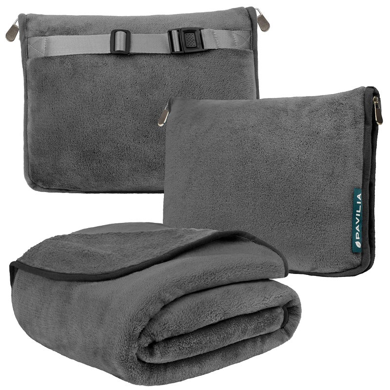 PAVILIA PAVILIA Travel Blanket Pillow Soft Airplane Blanket 2in1 Combo Set Plane Blanket Compact Packable Flight Essentials Car Pillow Travelers Gifts Accessories Luggage Backpack Strap 60x43 Gray 