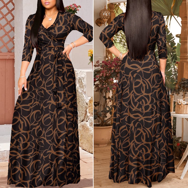 FANDEE Plus Size Maxi Dress for Women Casual Summer Sundress V-Neck 3/4 Sleeve(Brown Corrugated,X-Large) - Image 5