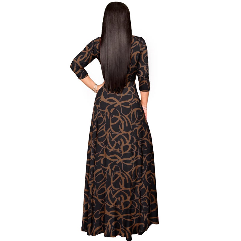 FANDEE Plus Size Maxi Dress for Women Casual Summer Sundress V-Neck 3/4 Sleeve(Brown Corrugated,X-Large) - Image 3